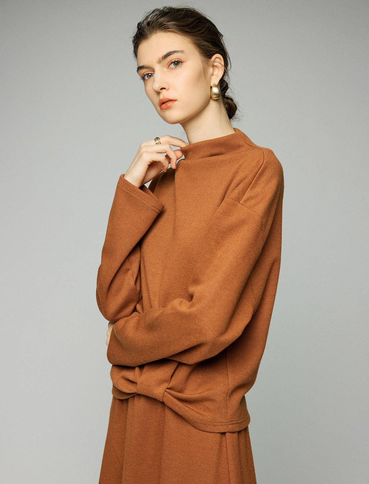 Wool Blend Twist-Front Mock-Neck Relaxed Top