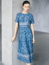 Blue Ikat Print Defined-Waist Midi Dress