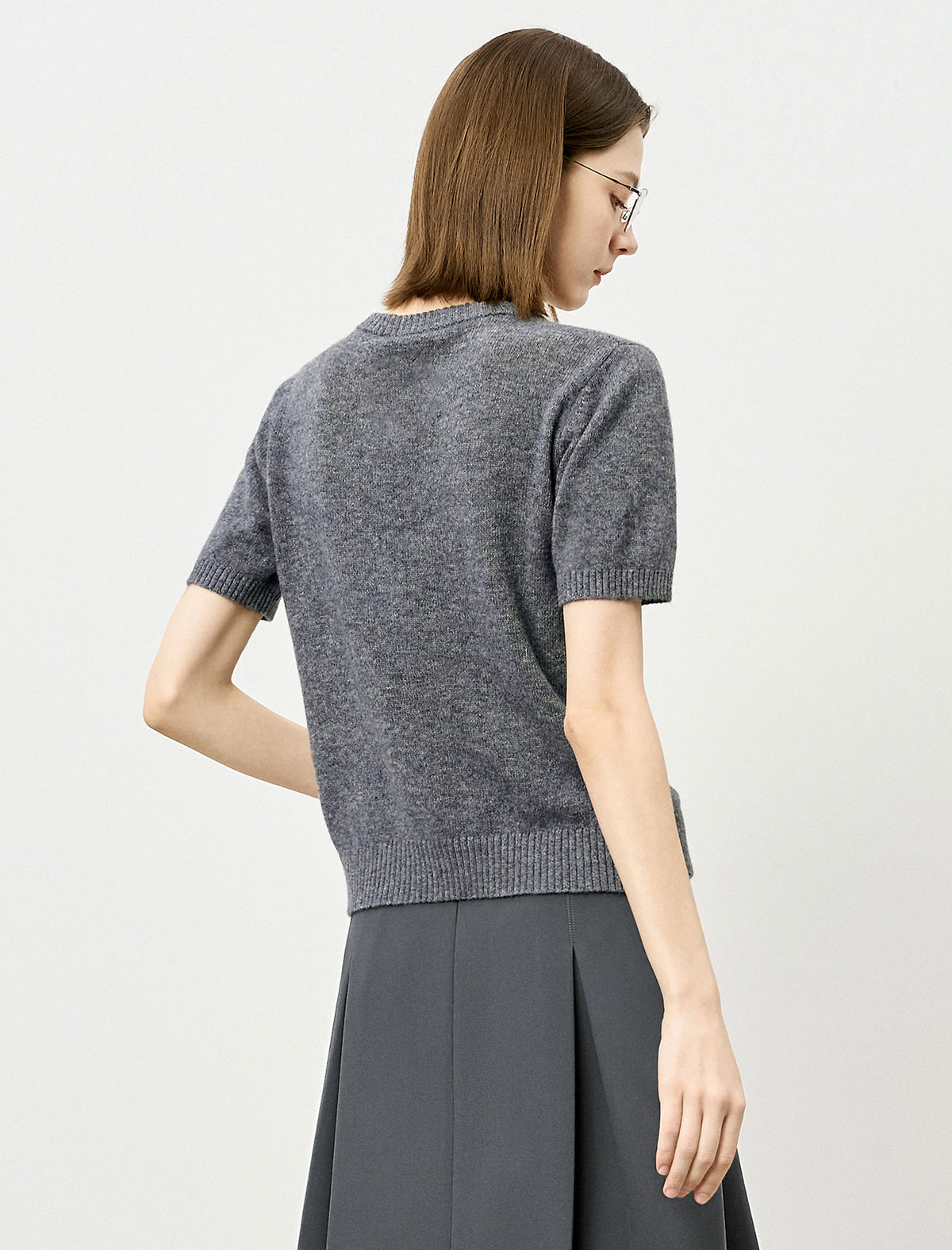 Grey Floral Embroidered Short Sleeve Sweater