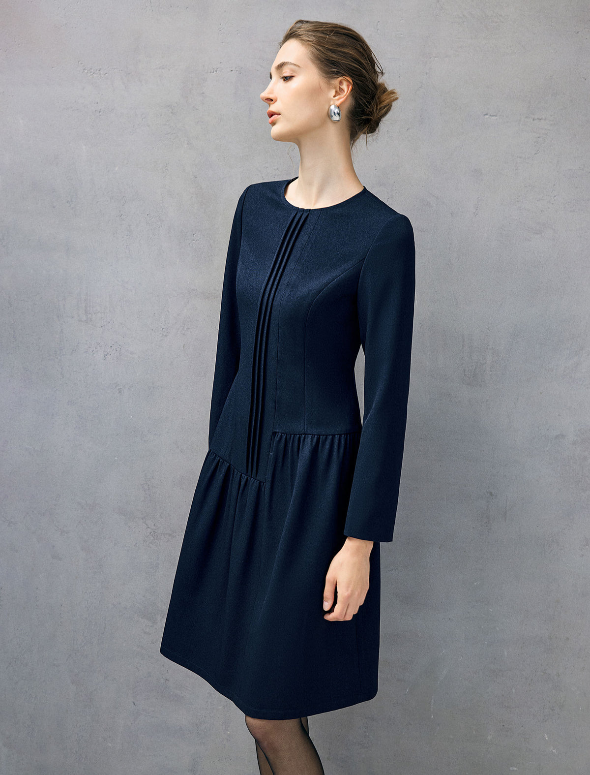 Wool Blend Pleated Crewneck Long Sleeve A-Line Dress