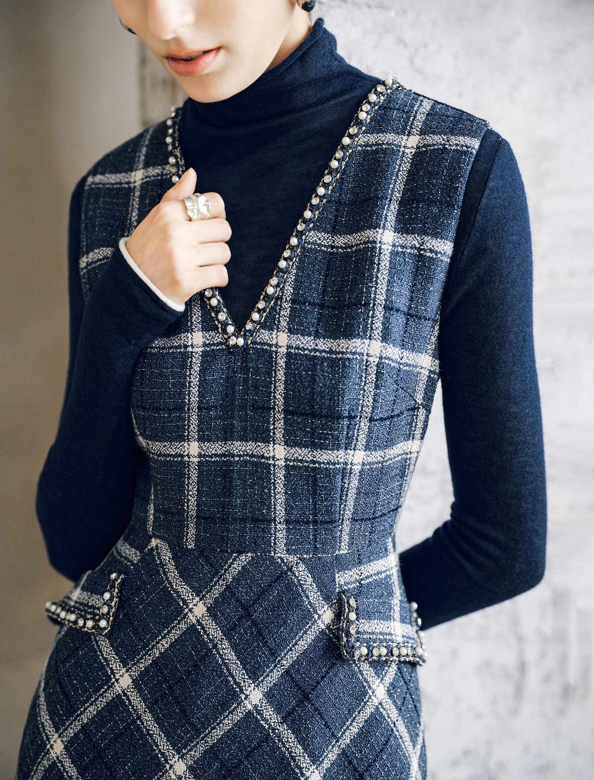 Plaid V Neck Sleeveless A Line Midi Dress