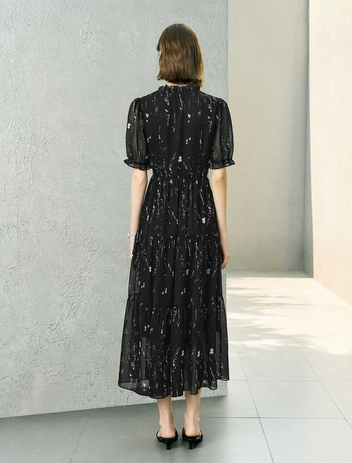 Black Splatter Print Ruffled Midi Dress