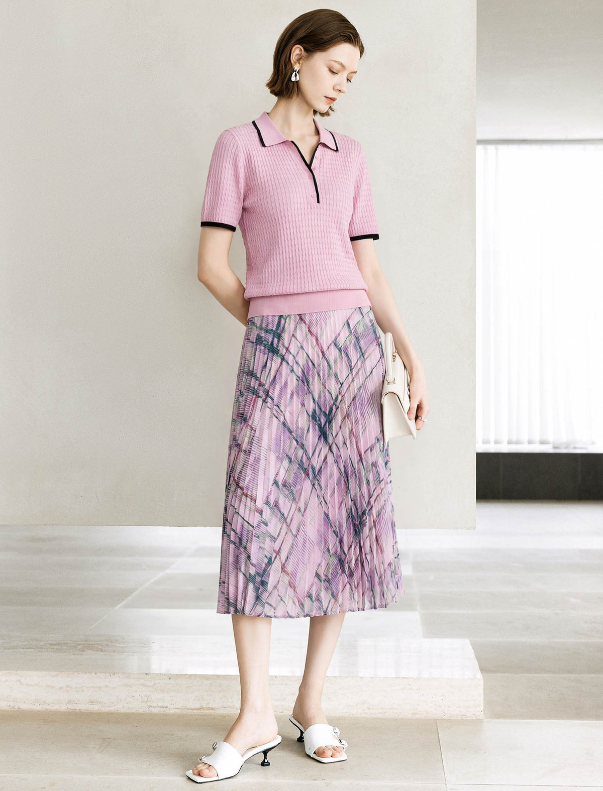 Contrast Trim Textured Knit Polo Short Sleeve Top