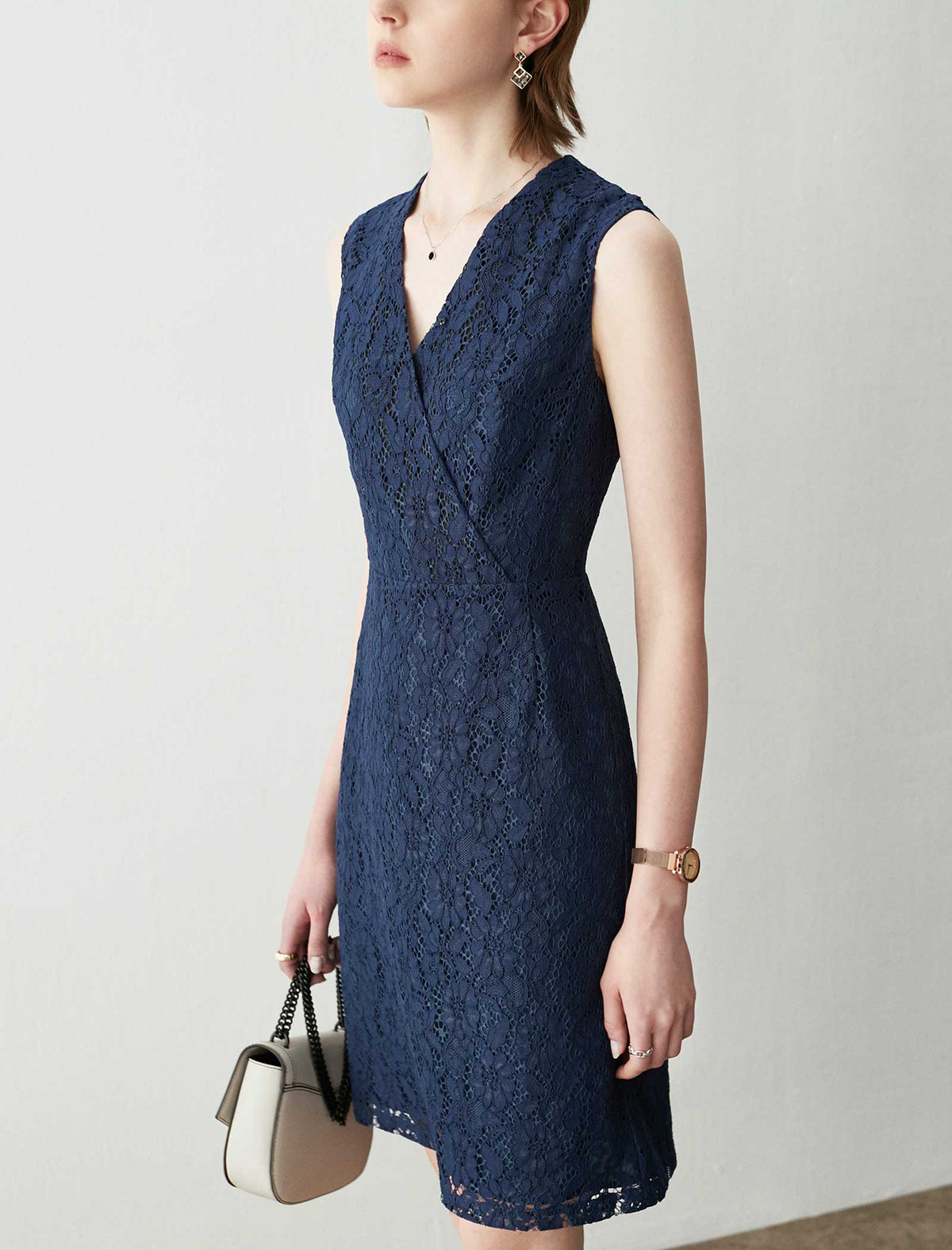Navy Blue Sleeveless Lace Wrap Sheath Dress