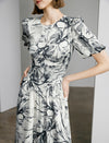Watercolor Floral Puff Sleeve Midi Dress