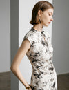 Watercolor Floral Print Qipao-Style Midi Dress