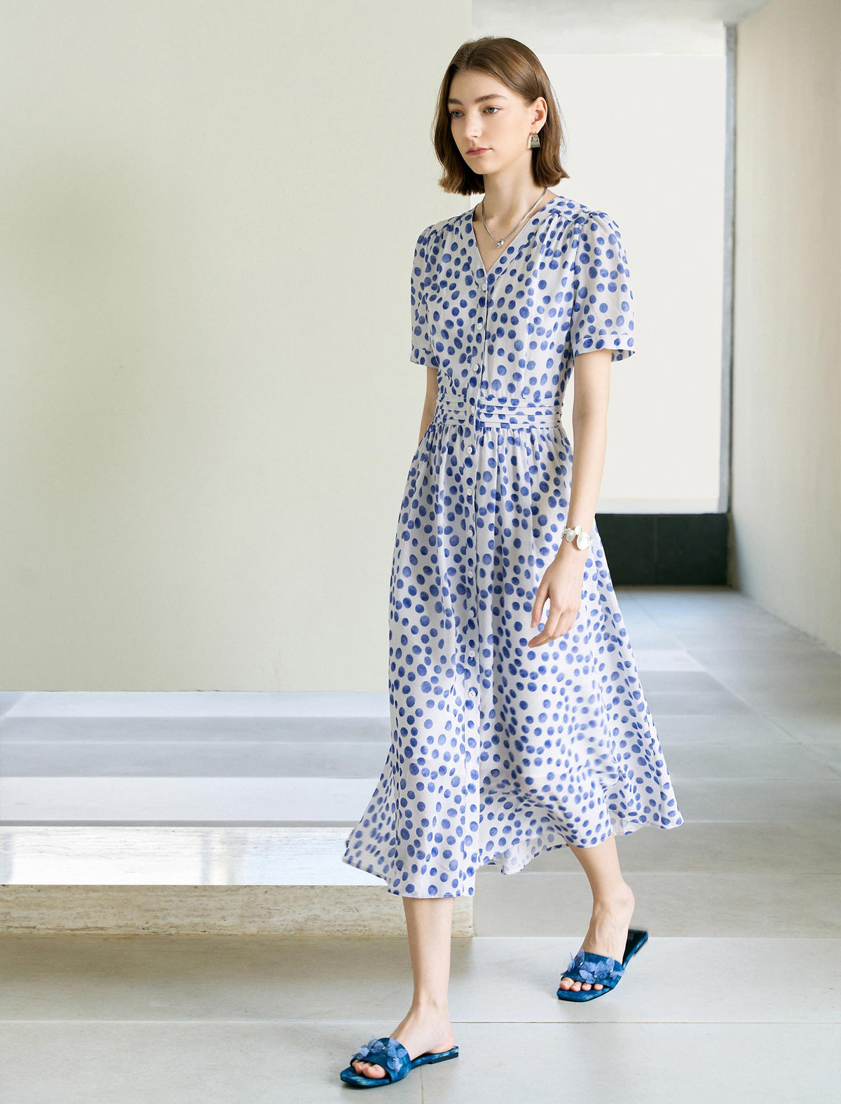 Blue Polka-Dot Short Sleeve Gathered-Waist Dress