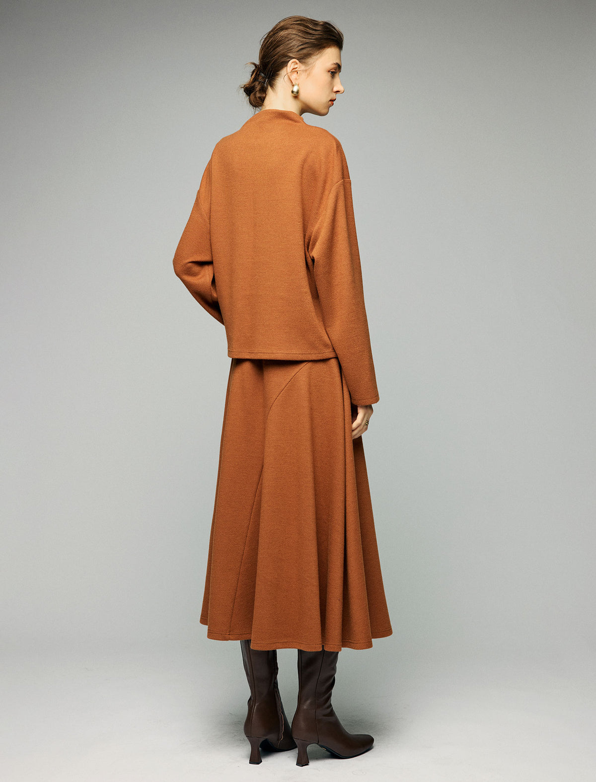 Wool Blend Elastic-Waist A-Line Midi Skirt