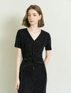 Shiny Black V-Neck Twist Detail Midi Dress