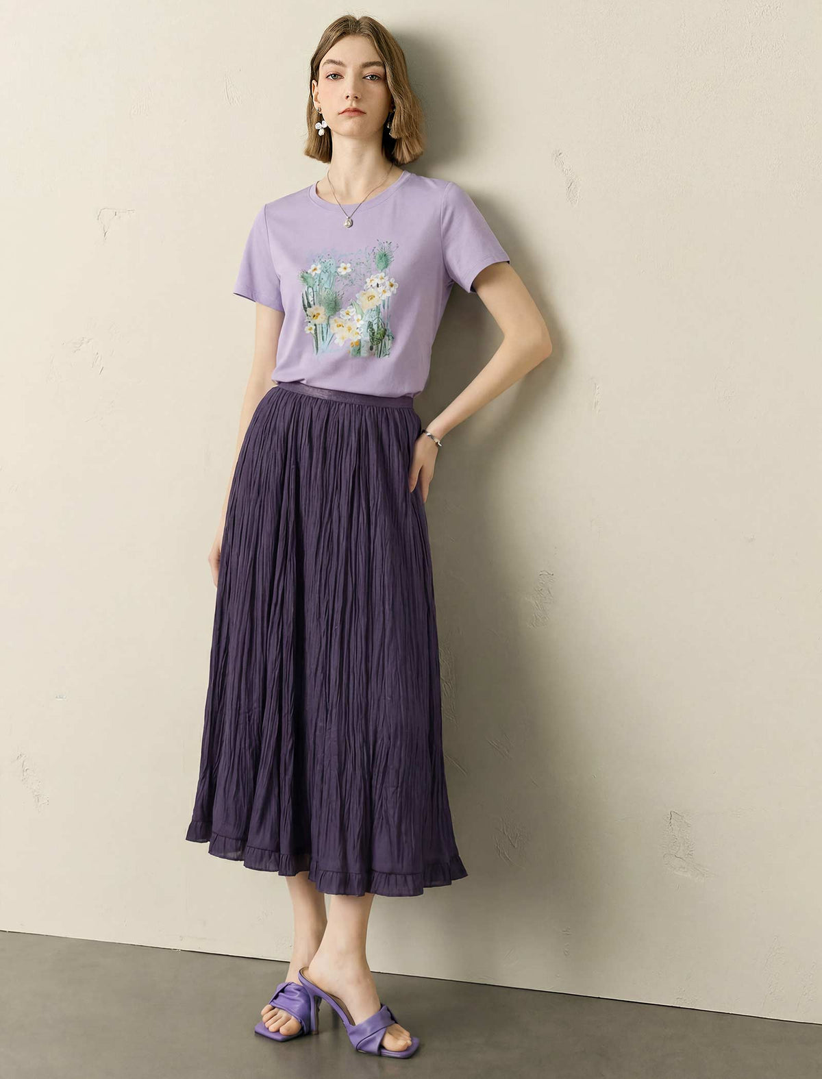 Crinkle Pleated Ruffled Hem Midi Skirt