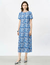 Mulberry Silk Watercolor Geometric Print Short Sleeve Tie Waist Midi Dress