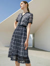 V-Neck Lace Waist-Cinched Short Sleeve Dress