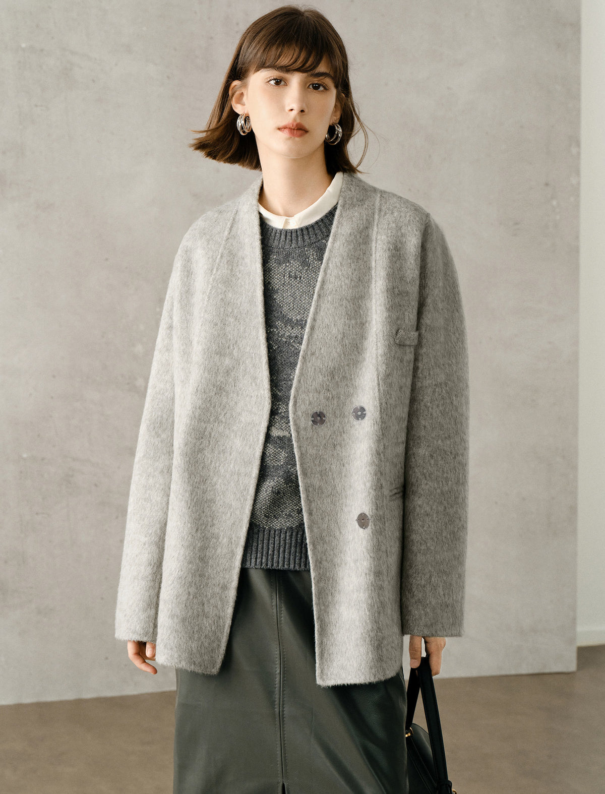 Wool Blend Relaxed Mid-Length Coat