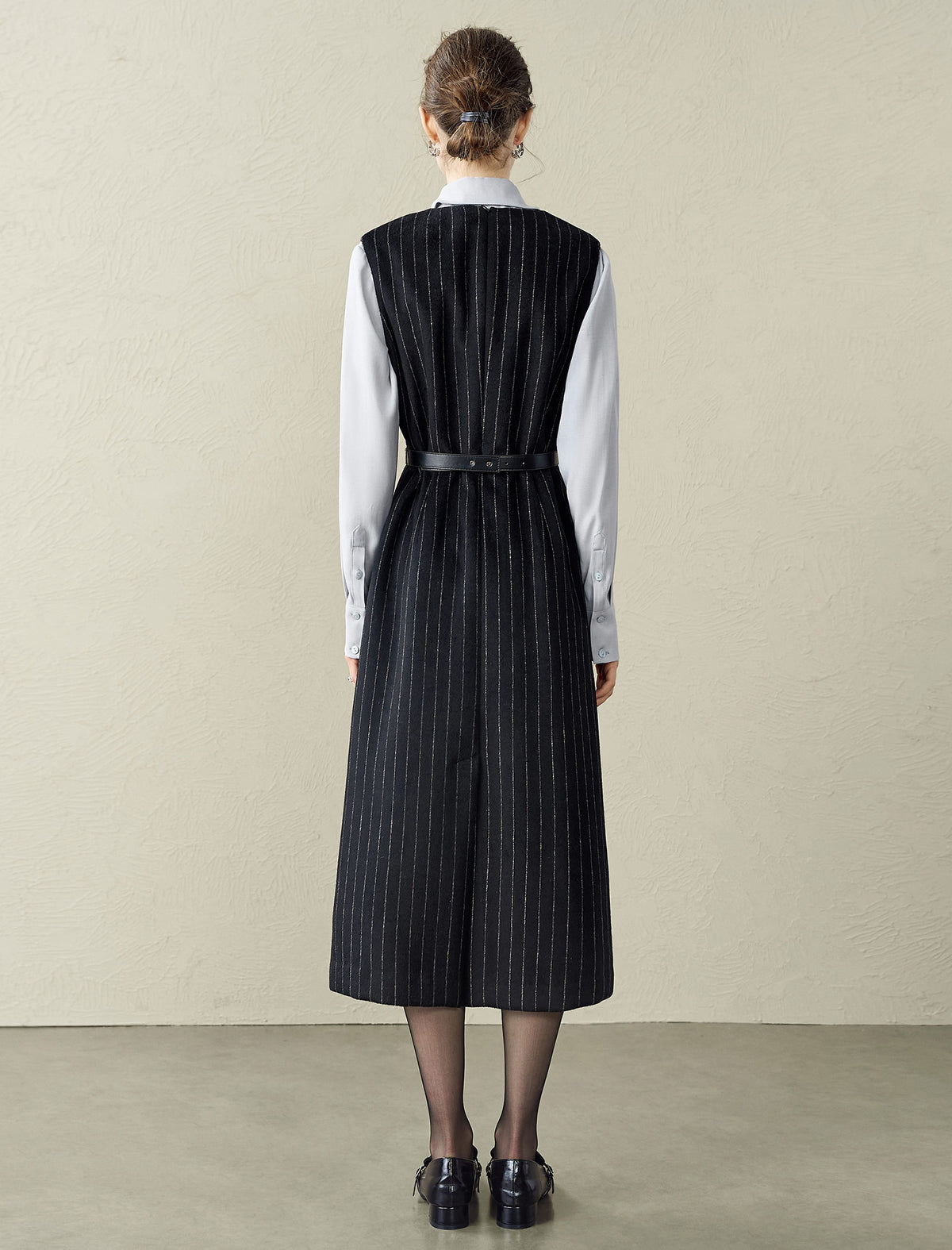 Wool-Blend V-Neck Pinstripe Sleeveless Midi Dress