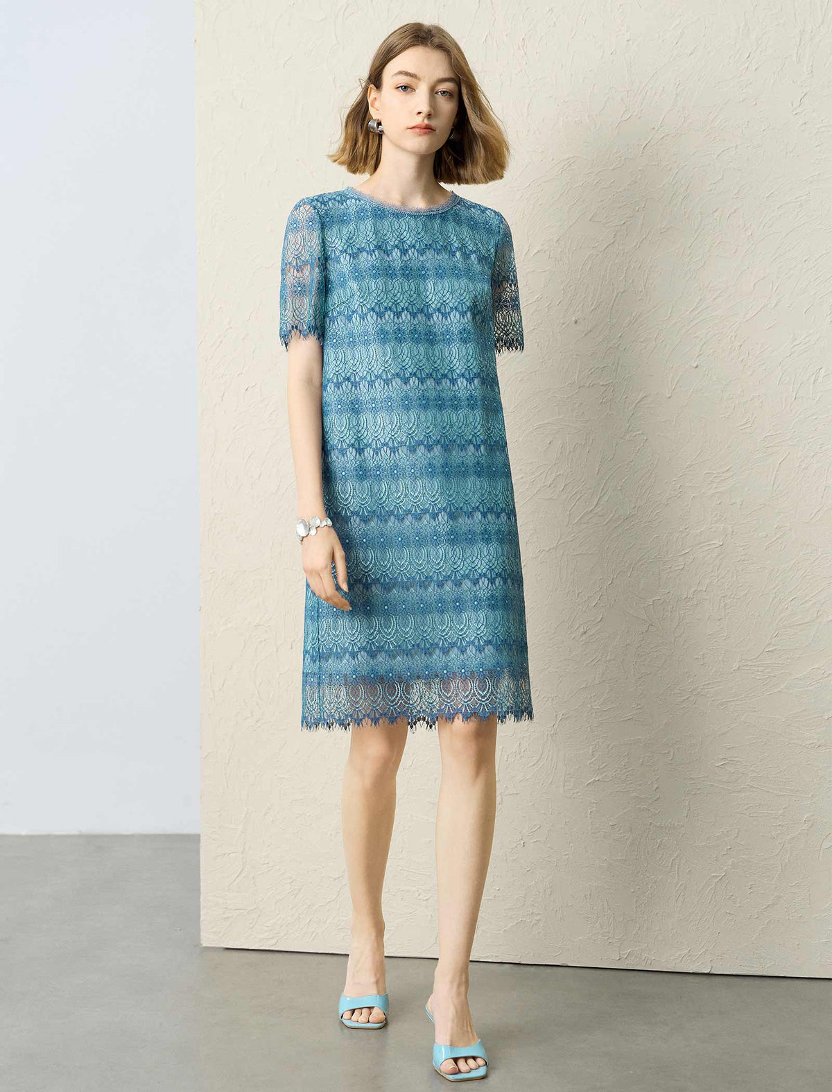 Teal Lace Short Sleeve Shift Dress