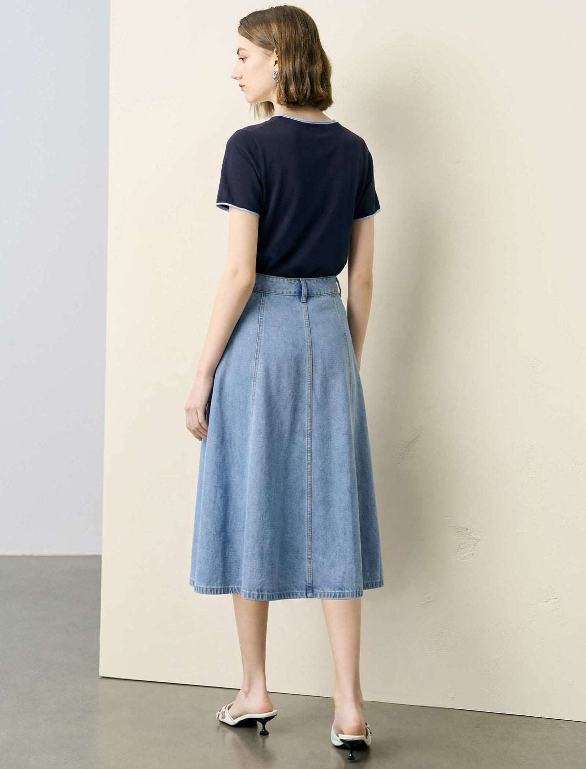 Paneled Soft Denim High-Waisted Midi Skirt