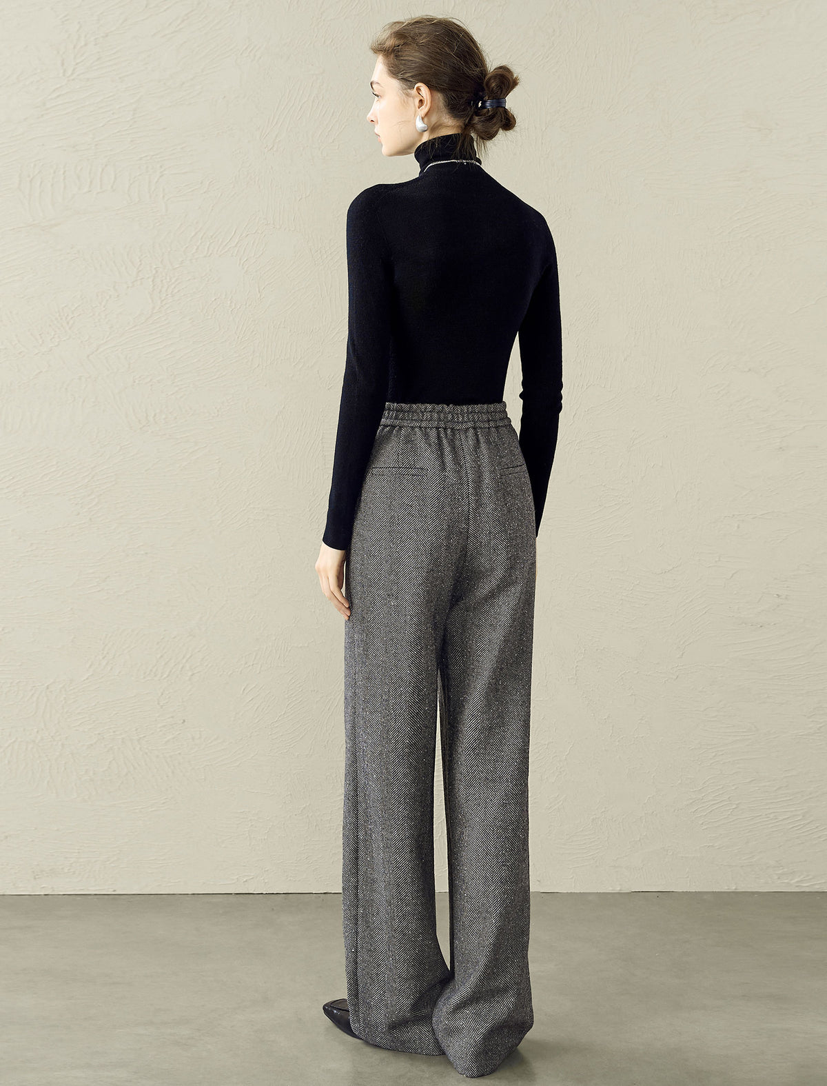 Herringbone Wool-Blend Wide-Leg Pants