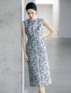 Ink-Wash Floral Sleeveless Midi Dress