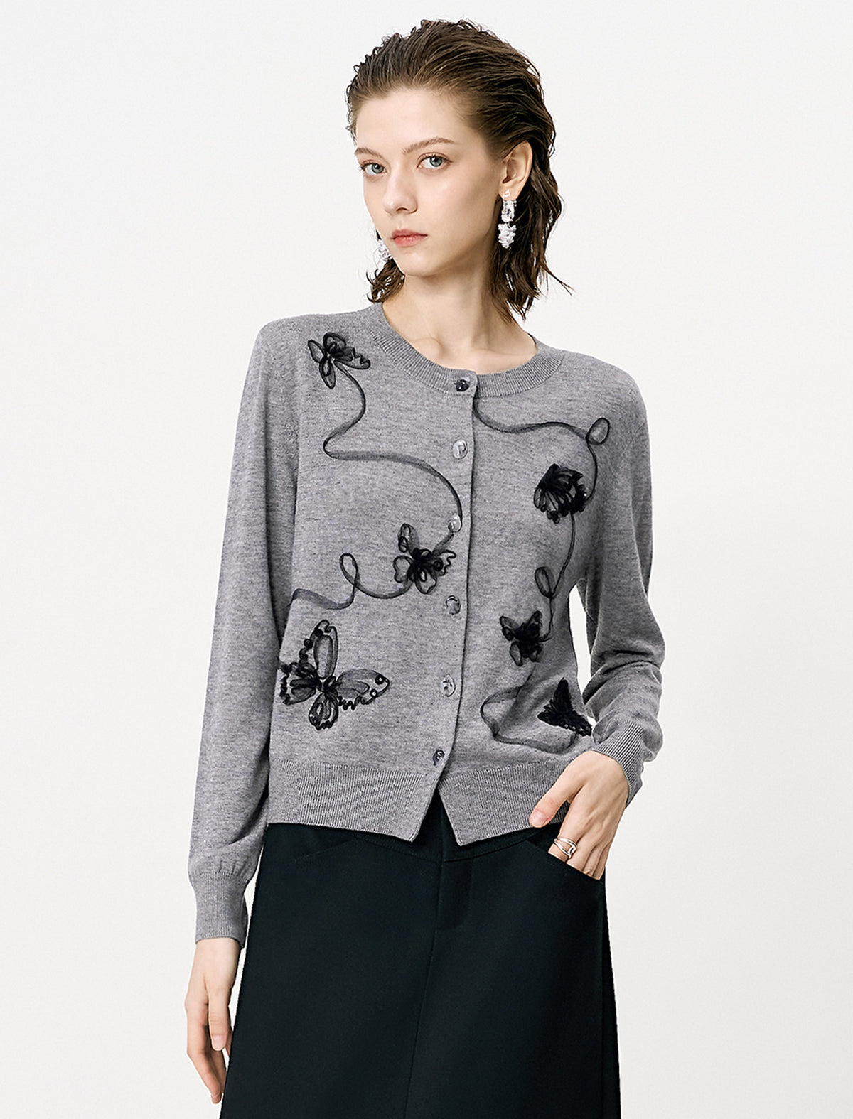 Gray Embroidered Loose Knit Cardigan