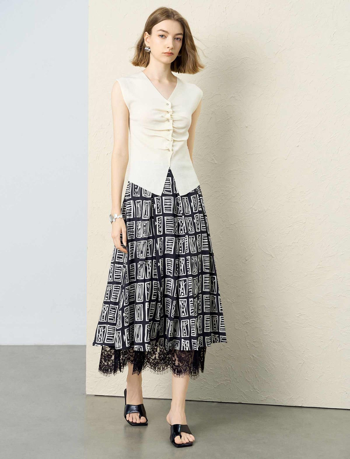 Black And White Geometric Lace Trim Midi Skirt