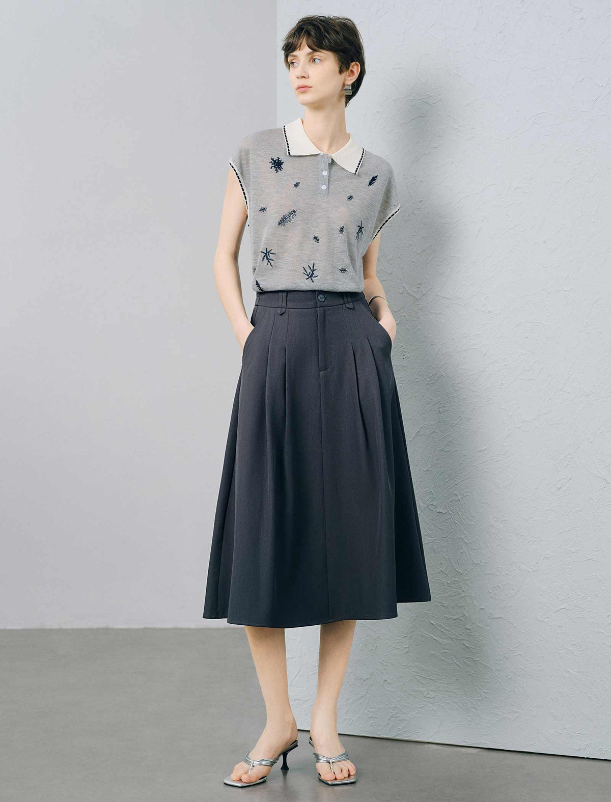 Dark Grey High Waist Pleated Pocket A-Line Midi Skirt
