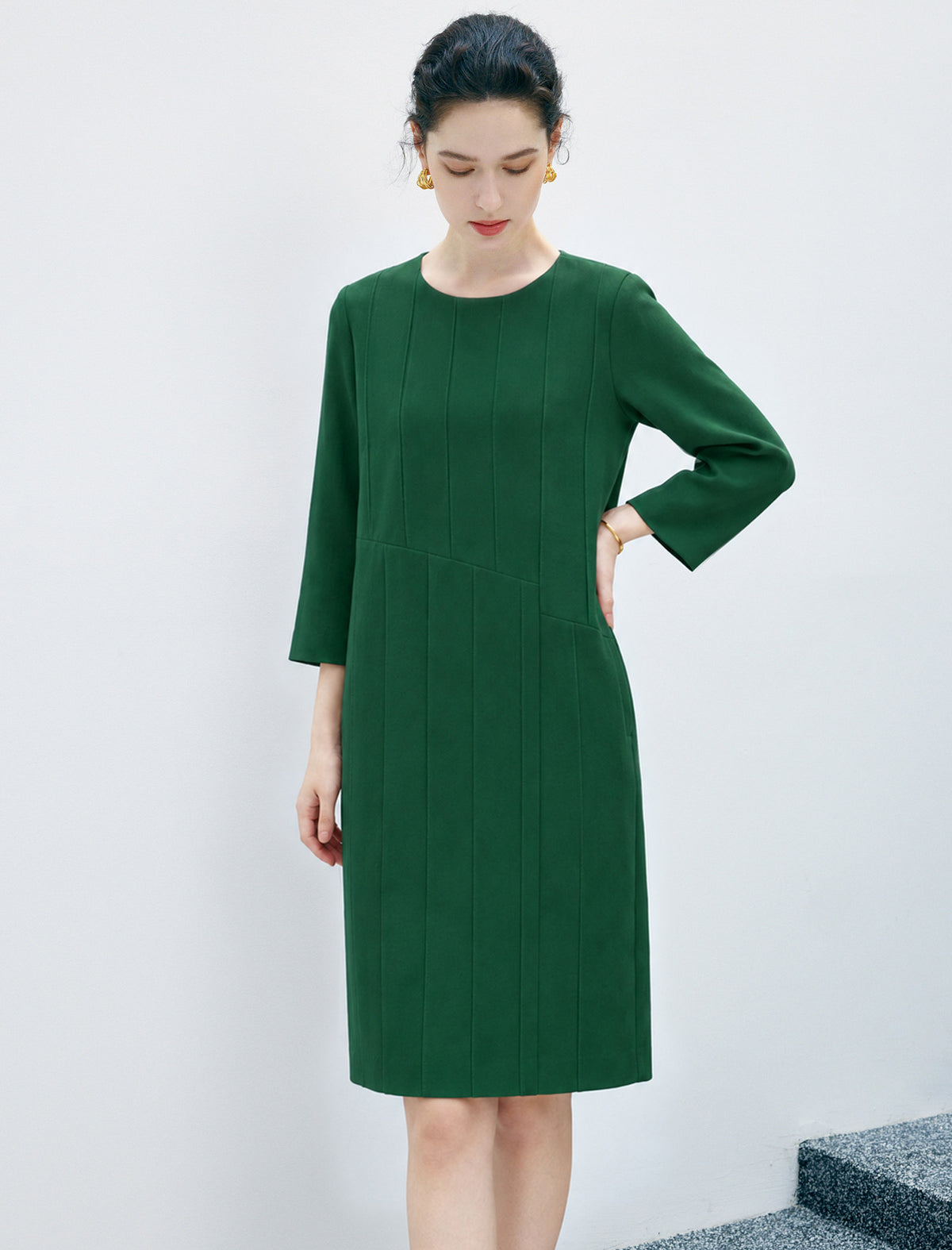 Wool Blend Quilted Button-Front Straight-Fit Dress