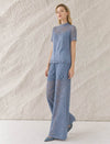 Dusty Blue High Neck Lace Panel Short Sleeve Blouse