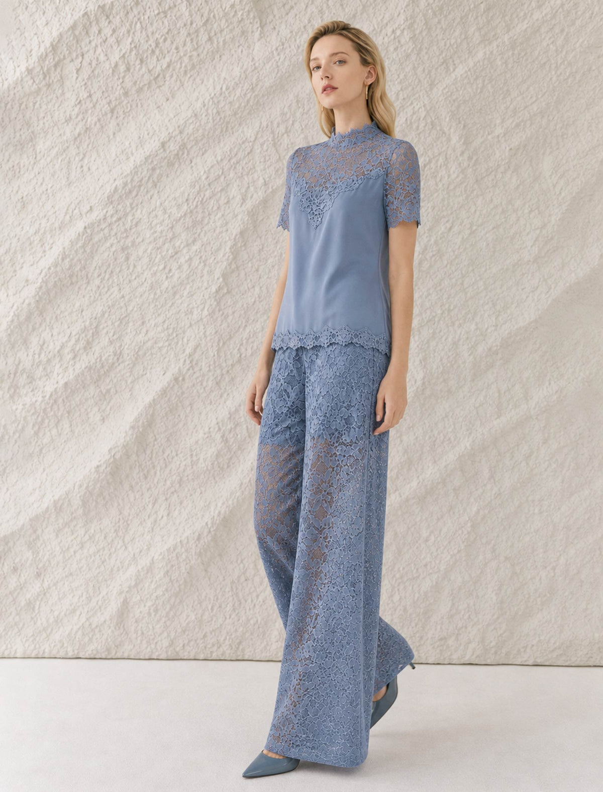 Dusty Blue High Neck Lace Panel Short Sleeve Blouse