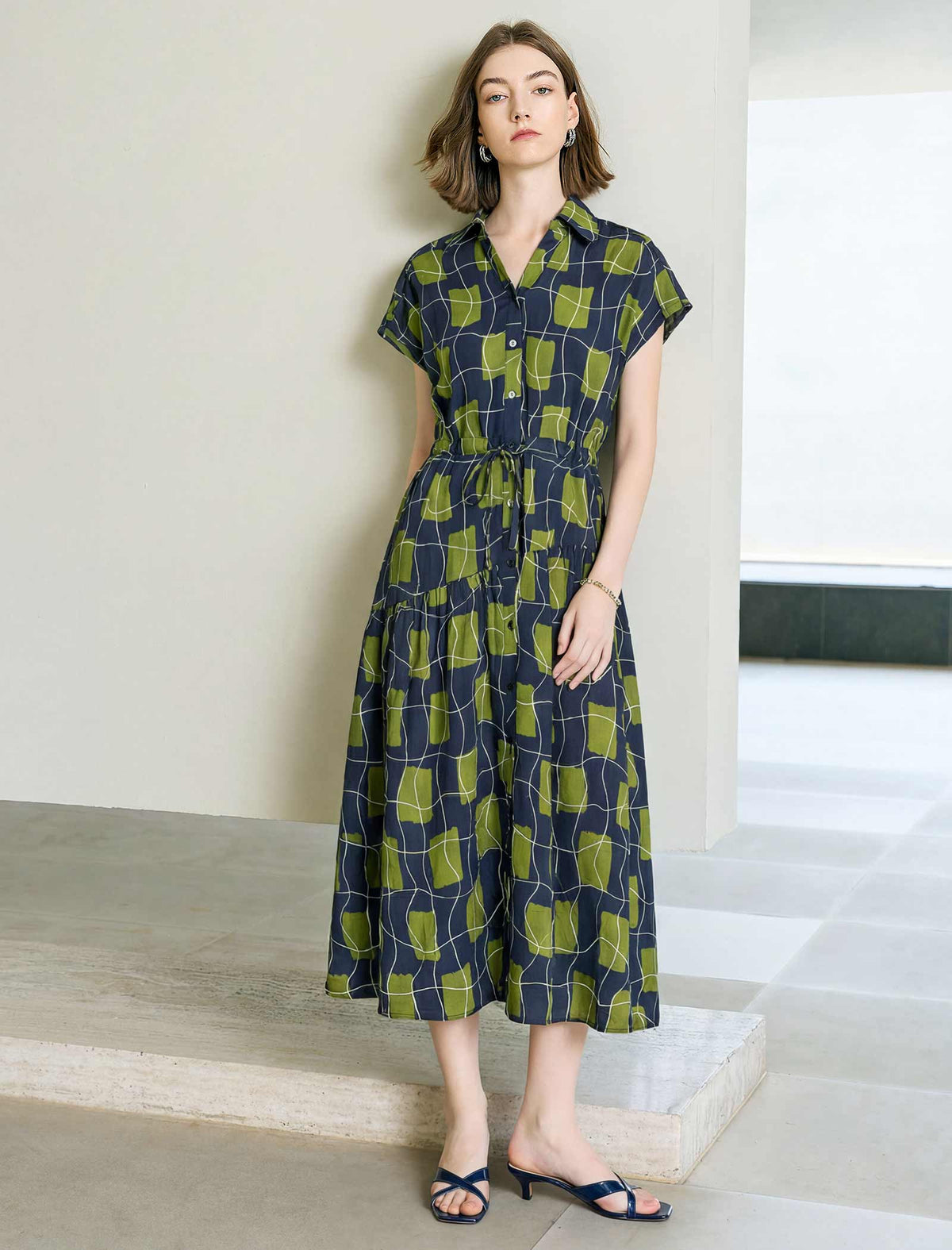 Olive Geometric Print Shirt Midi Dress