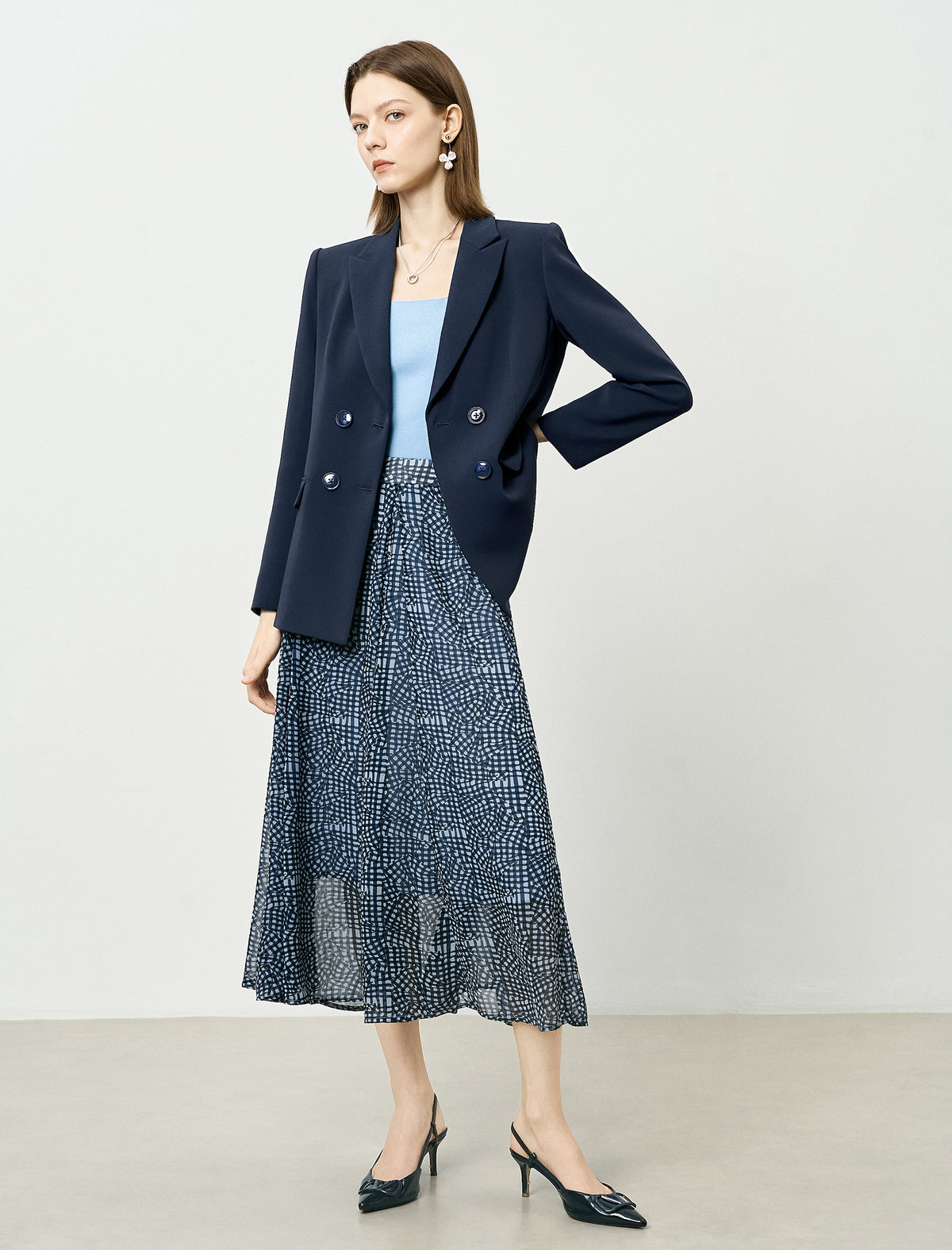 Blue Checkered Chiffon Midi Skirt