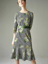 Floral Print Crewneck Belted Dress