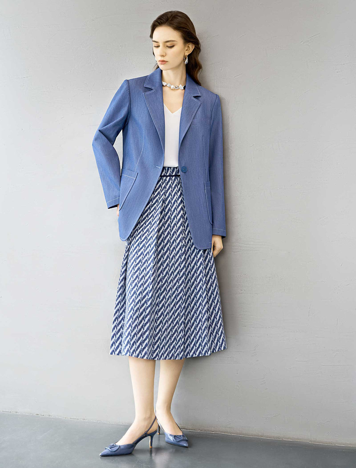 Blue And White Chevron Pleated Midi Skirt