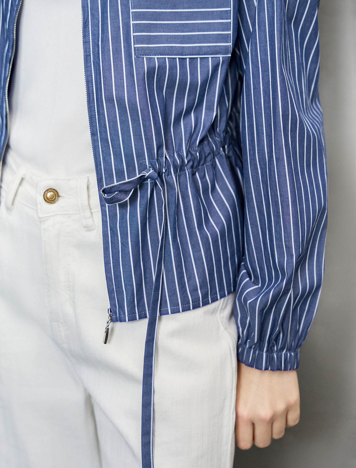 Navy And White Stripe Zip-Front Cinched Blouse