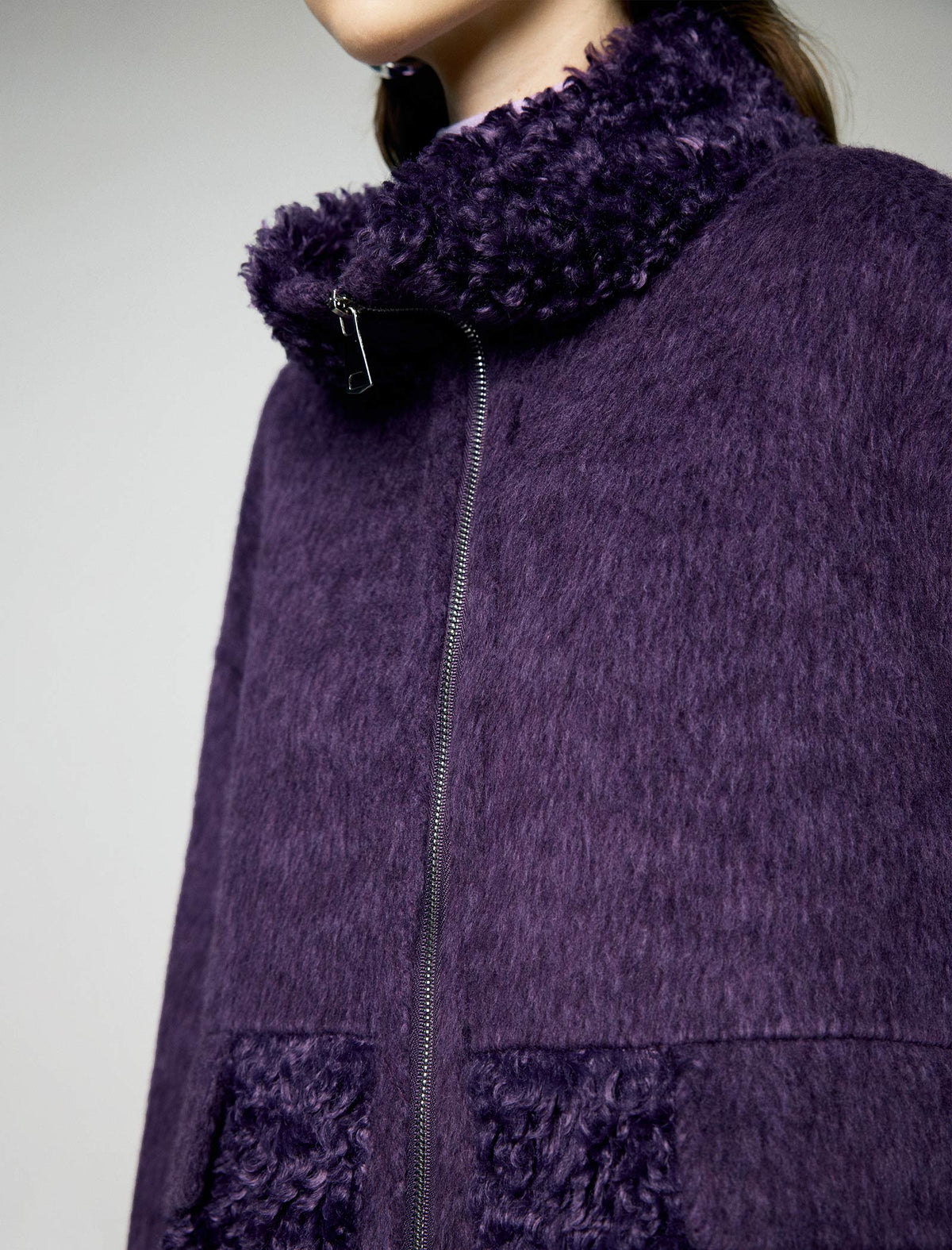 Wool Blend Contrast-Panel Stand-Collar Zip-Front Cropped Jacket