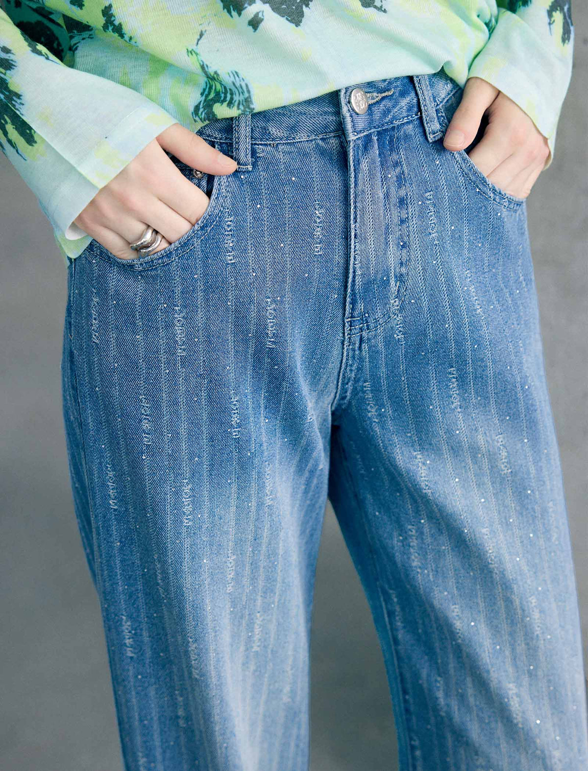 High‑Rise Rhinestone Striped Wide‑Leg Jeans