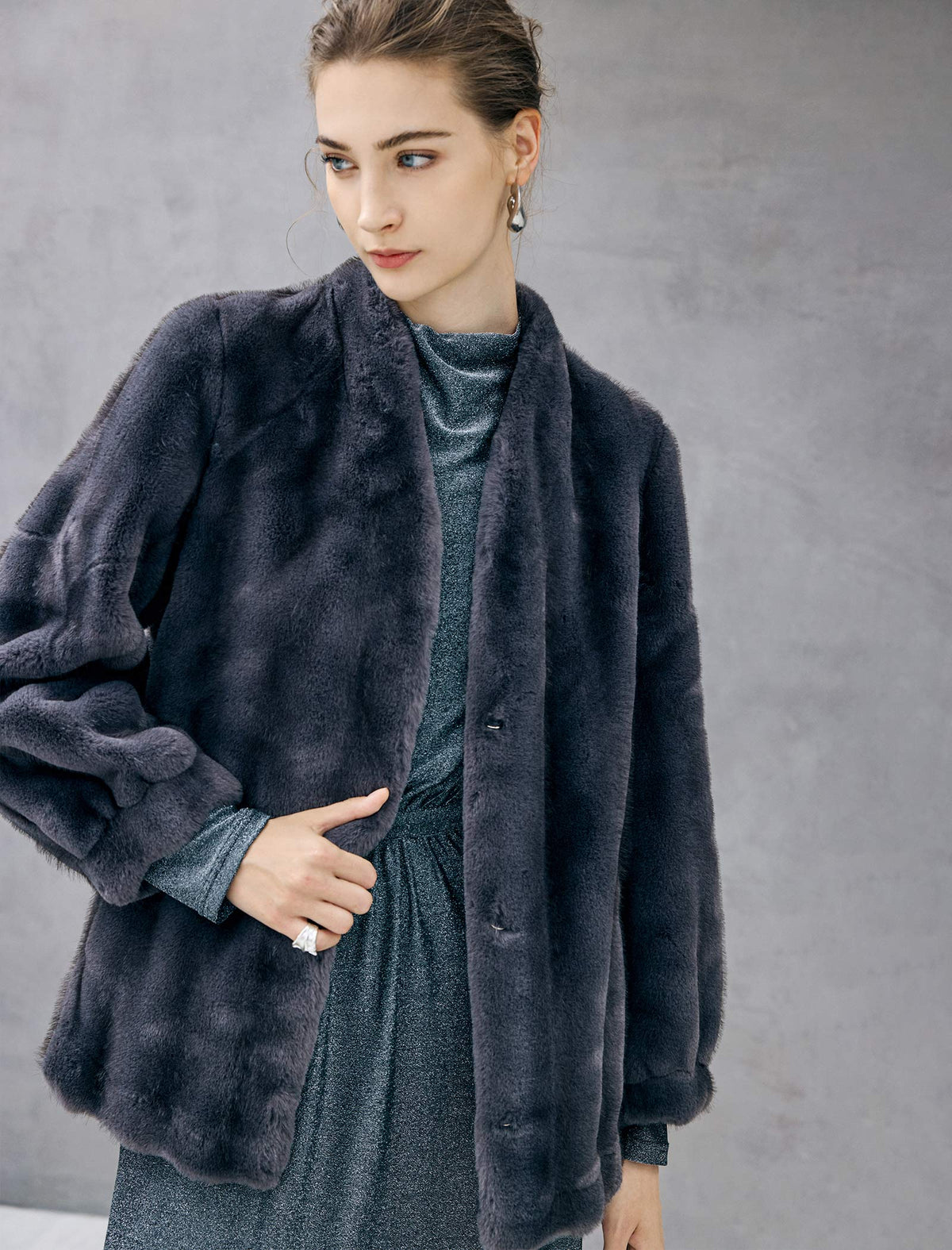Faux Fur Shawl Collar Long Sleeve Coat