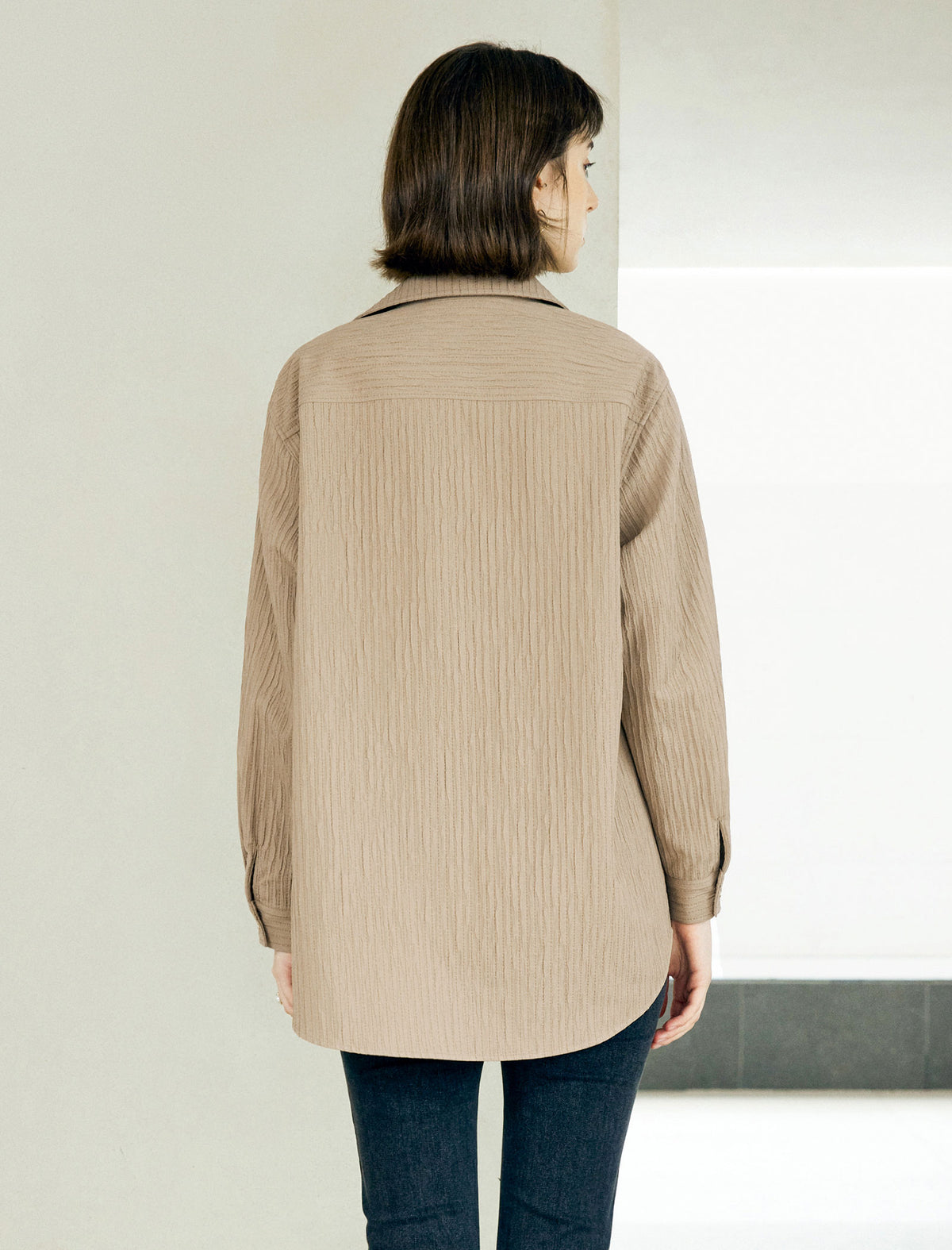 Vertical Textured Dual Chest Pocket Oversized Button Down Shirt