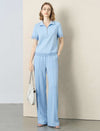 Light Blue Lace-Trim Wide-Leg Pants