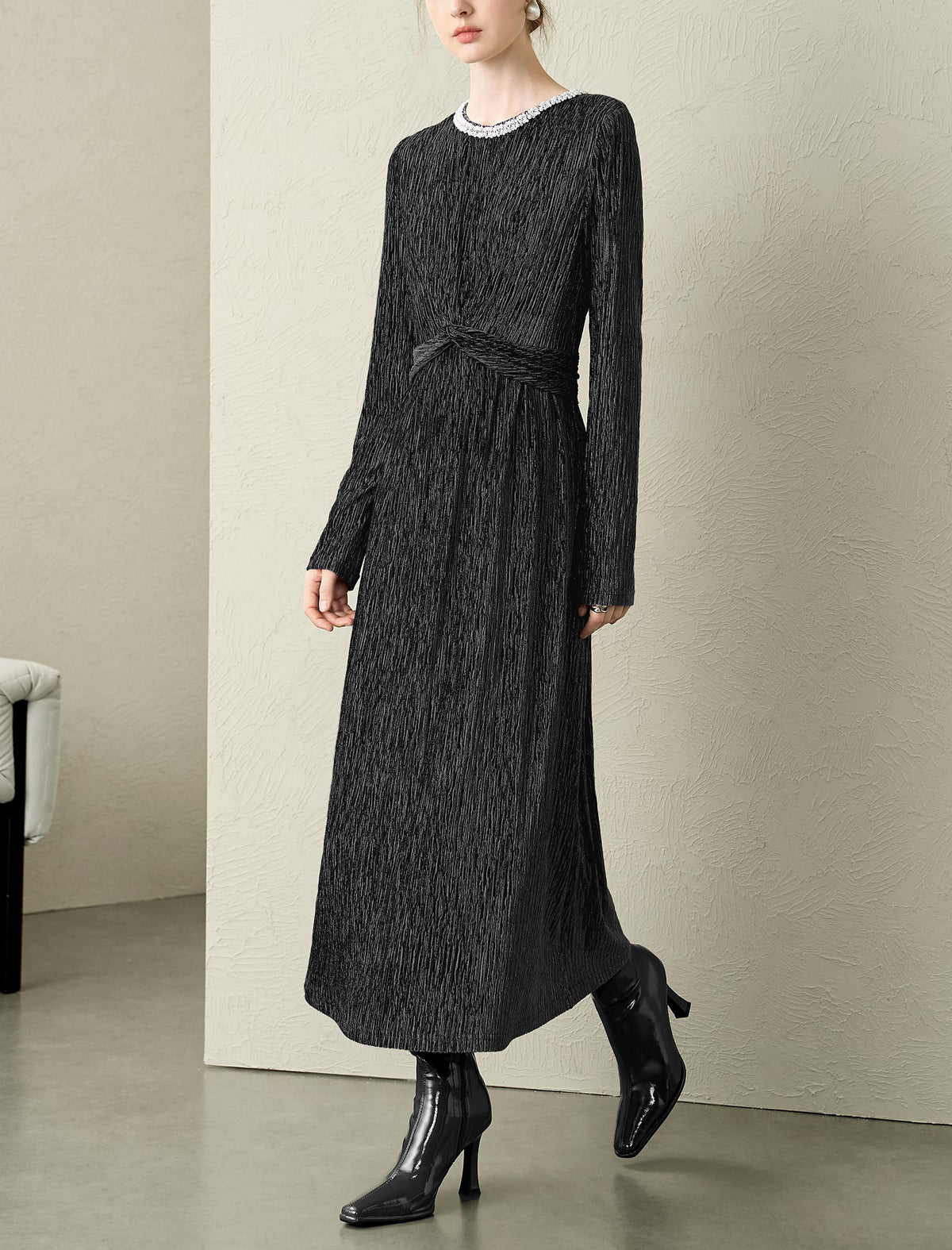 Velvet Waist-Defining Long-Sleeve Dress