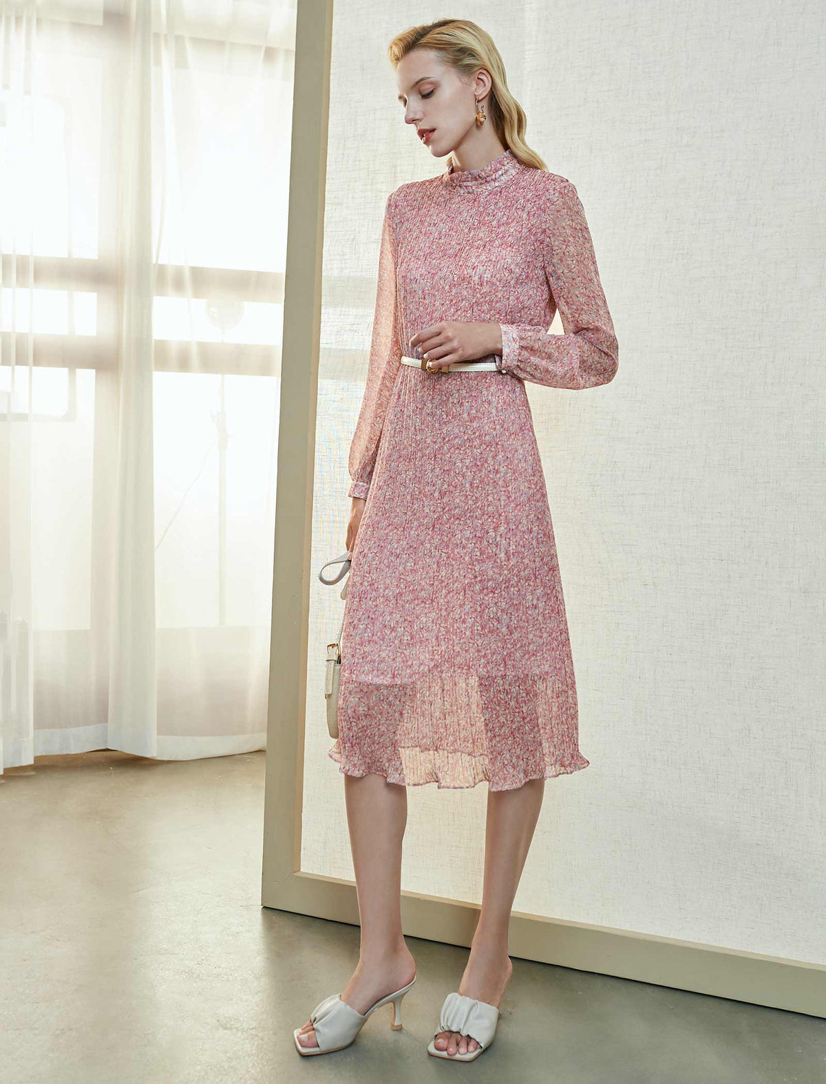 Blush Pink Textured Ruffled Neck Midi Dress