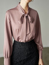 Satin Bow‑Tie Stand‑Collar Long‑Sleeve Blouse