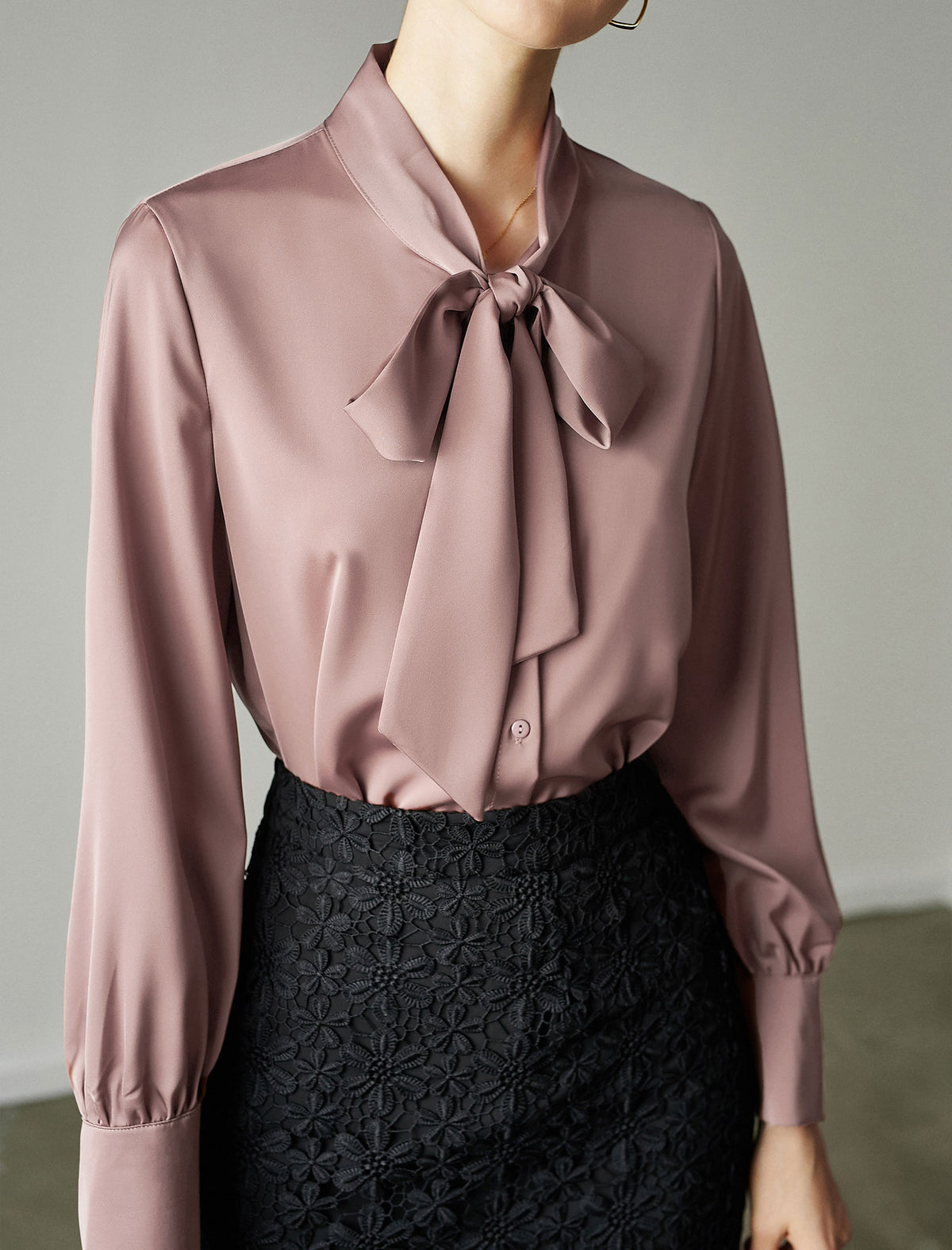 Satin Bow‑Tie Stand‑Collar Long‑Sleeve Blouse
