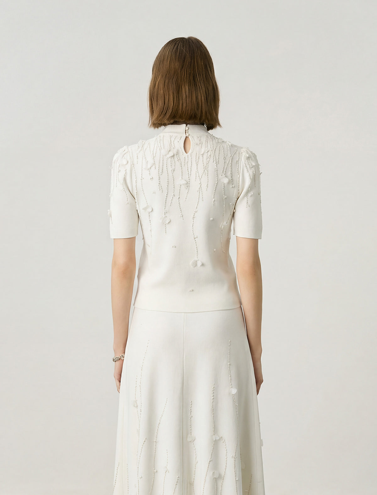 Sequin Embellished Pearl Neck Wool Knit Top