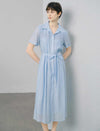 Light Blue Tencel Linen Blend Lace-Trimmed Shirt Midi Dress