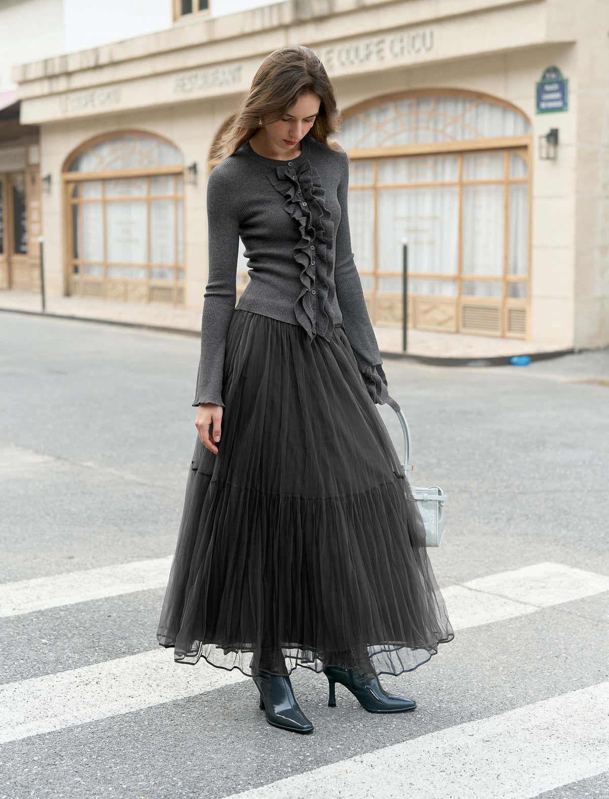 Grey Ruffled Button-Front Wool Knit Cardigan