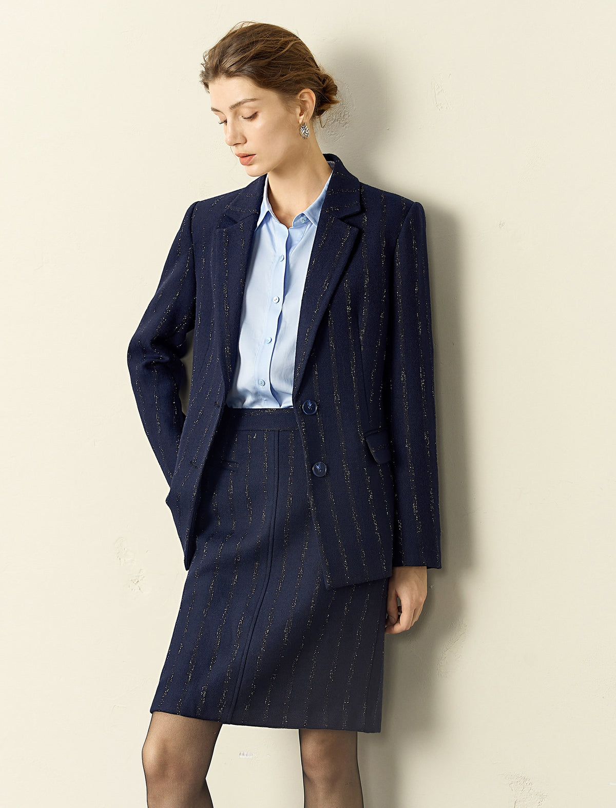 Wool Blend Navy Blue Metallic Striped Midi Skirt