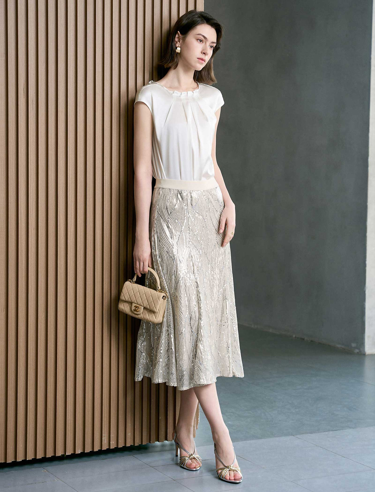 Champagne Wavy Sequin Midi Flare Skirt