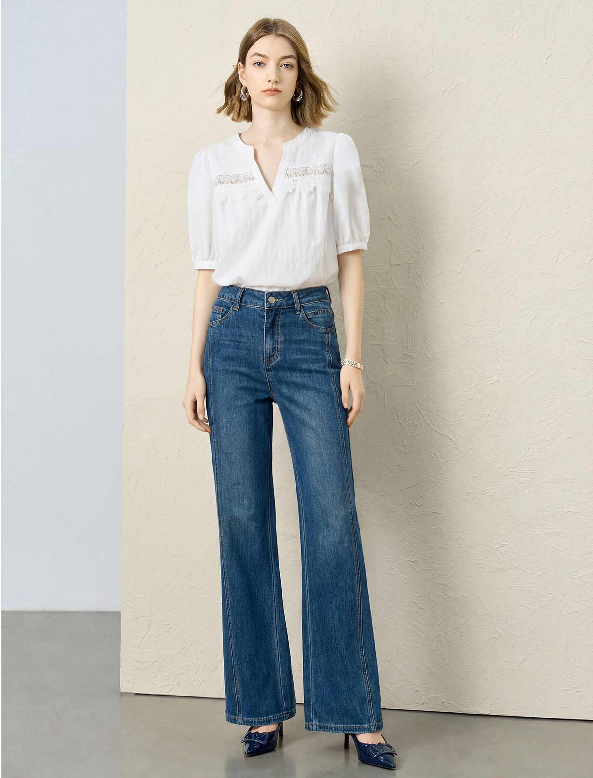 Lantern‑Sleeve Blouse With Lace Inserts