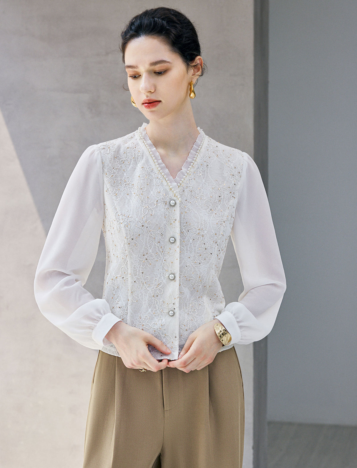 Pearl Beaded V Neck Sequin Lace Blouse
