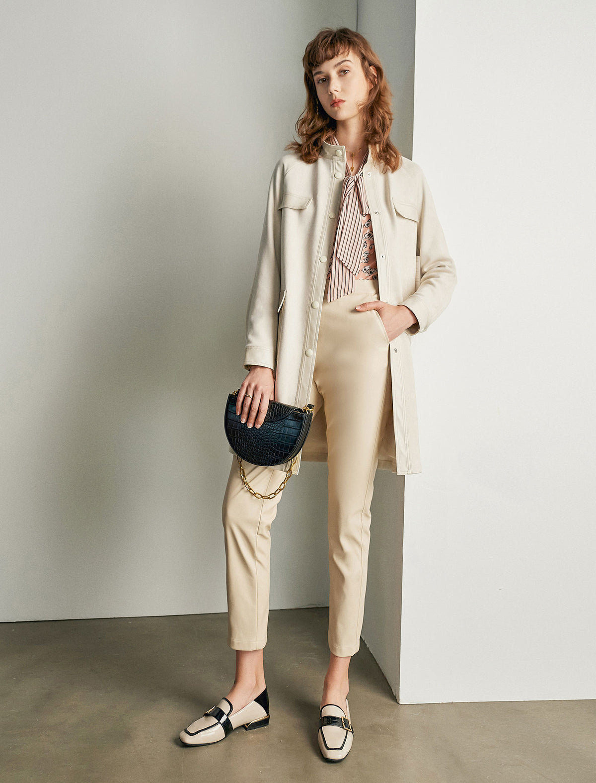 Beige PU Leather Pocket Detail Trench Coat
